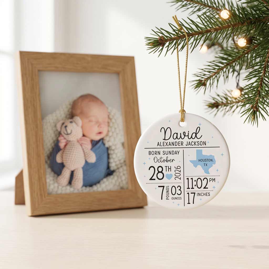 Baby Birth Stats Custom Birth Details Newborn 1st Baby Keepsake Round Ceramic Christmas Ornament