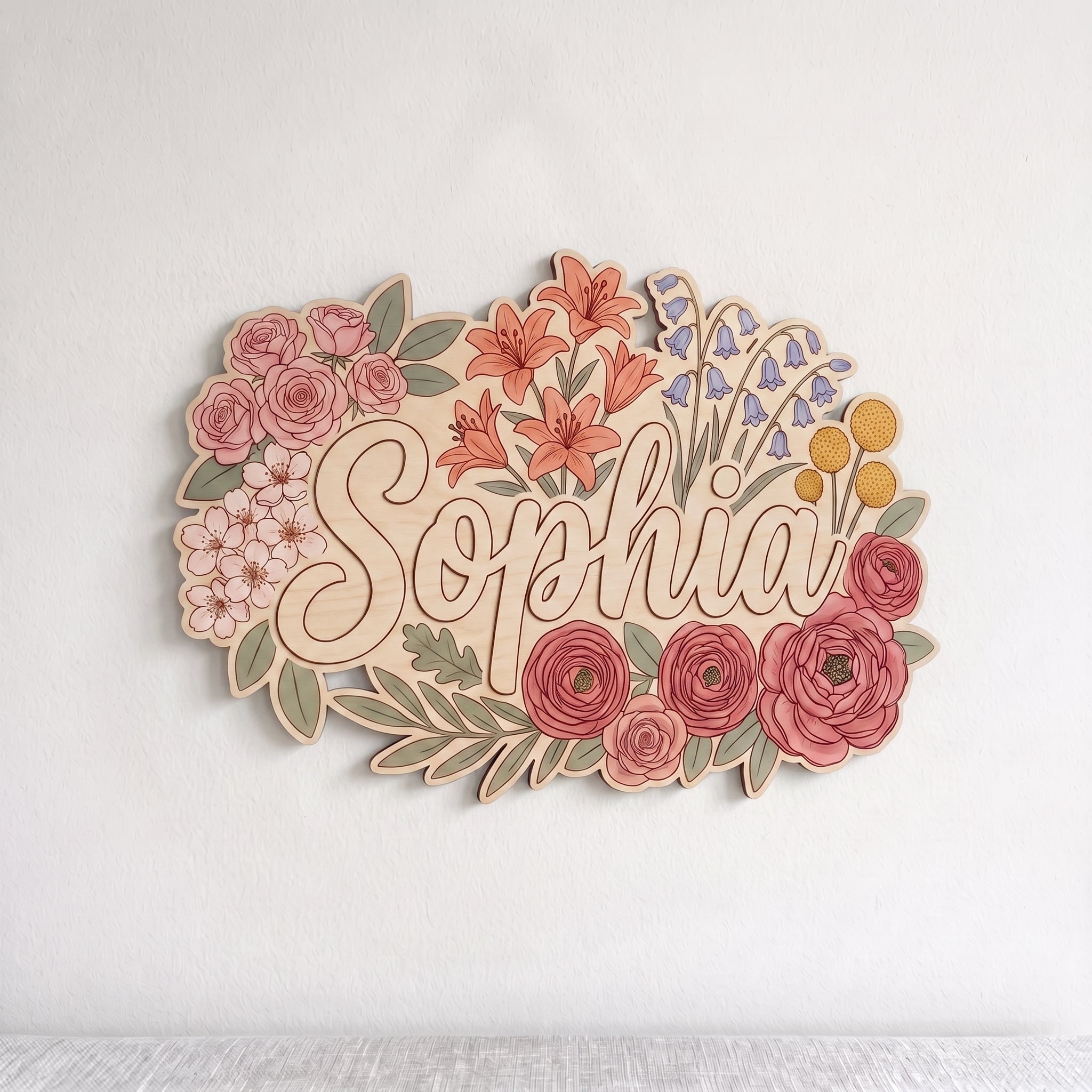Personalized Botanical Flower Name Wooden Sign