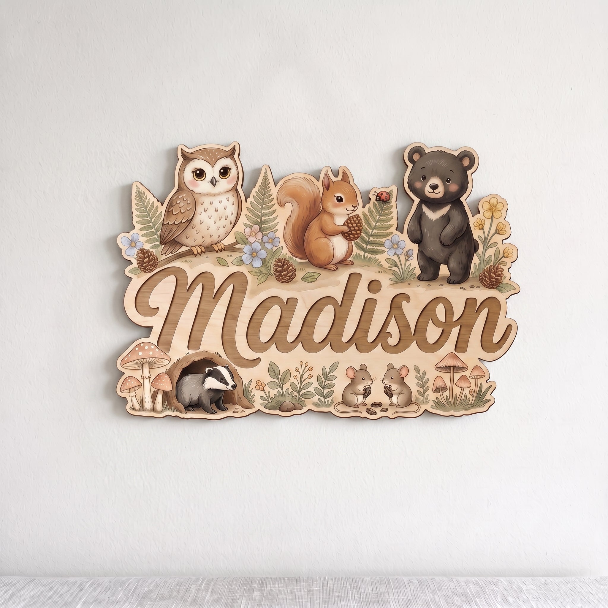 Personalized Woodland Owl Bear Squirrel Nursery Wooden Sign