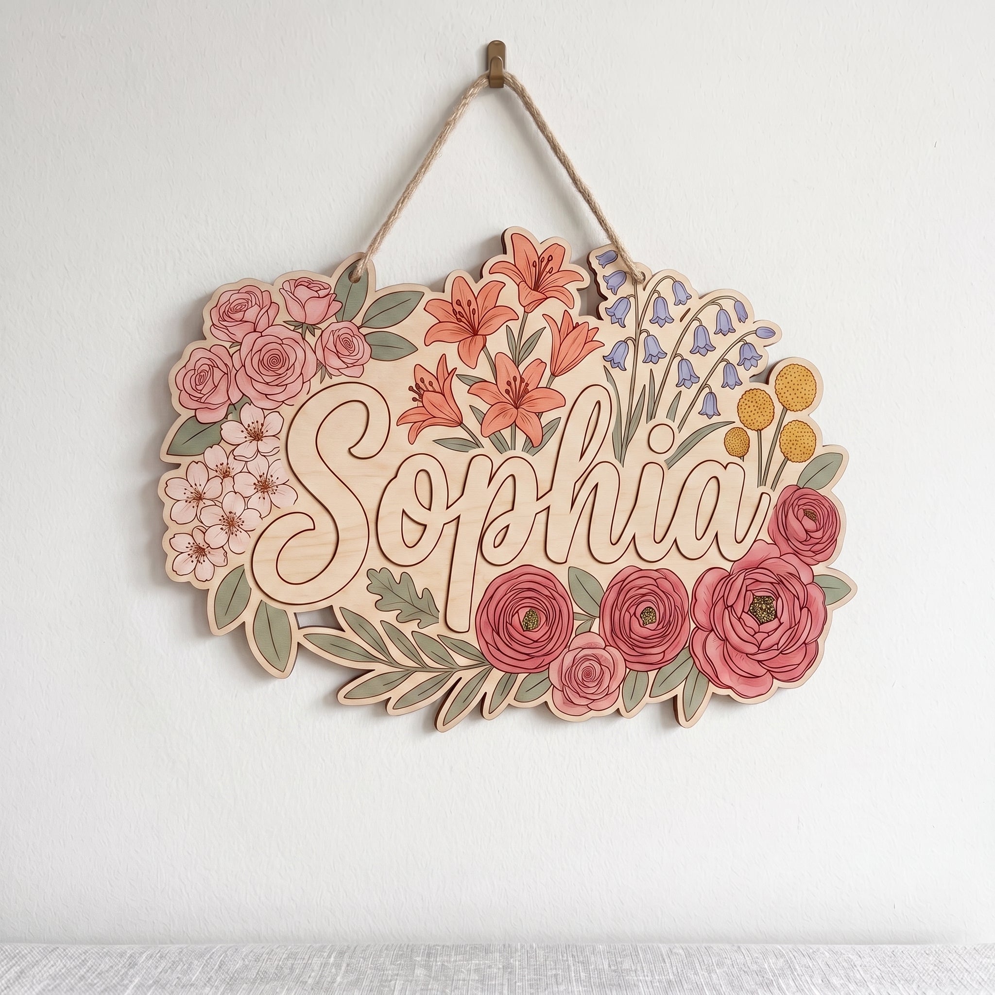 Personalized Botanical Flower Name Wooden Sign