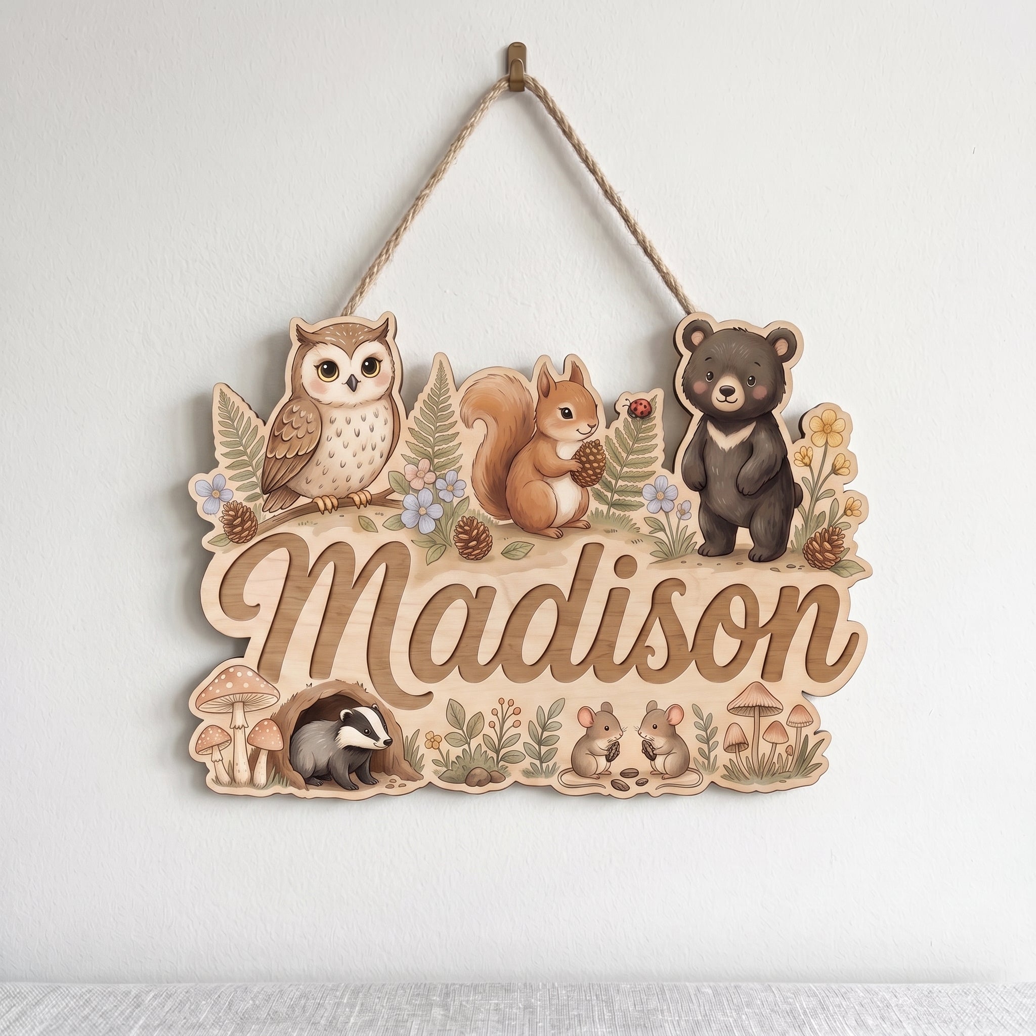 Personalized Woodland Owl Bear Squirrel Nursery Wooden Sign