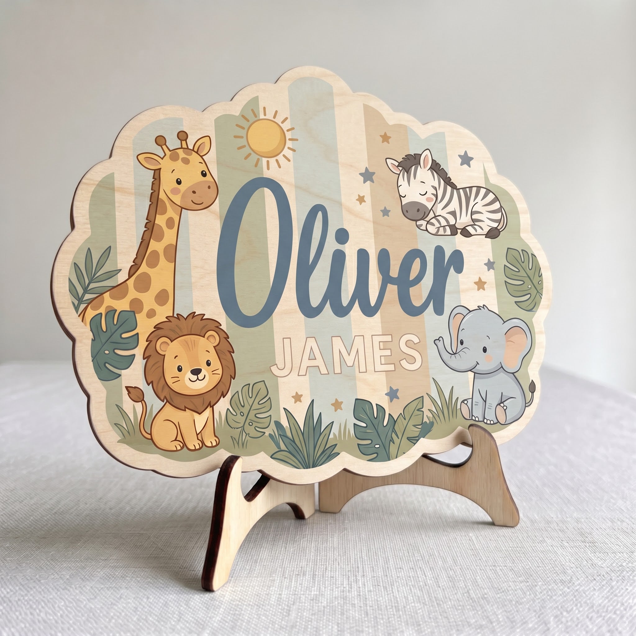 Personalized Baby Jungle Animals Nursery Name Sign Wooden Baby Room Decor