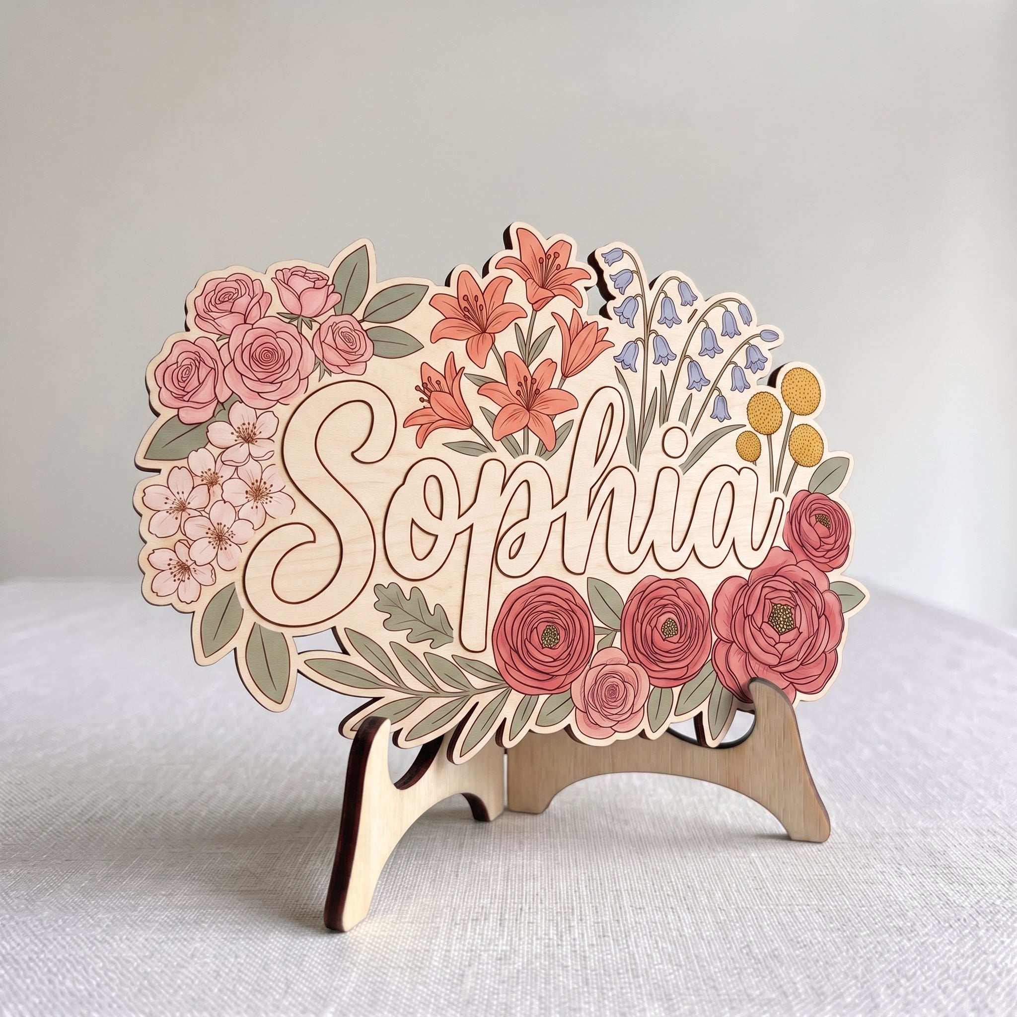 Personalized Botanical Flower Name Wooden Sign