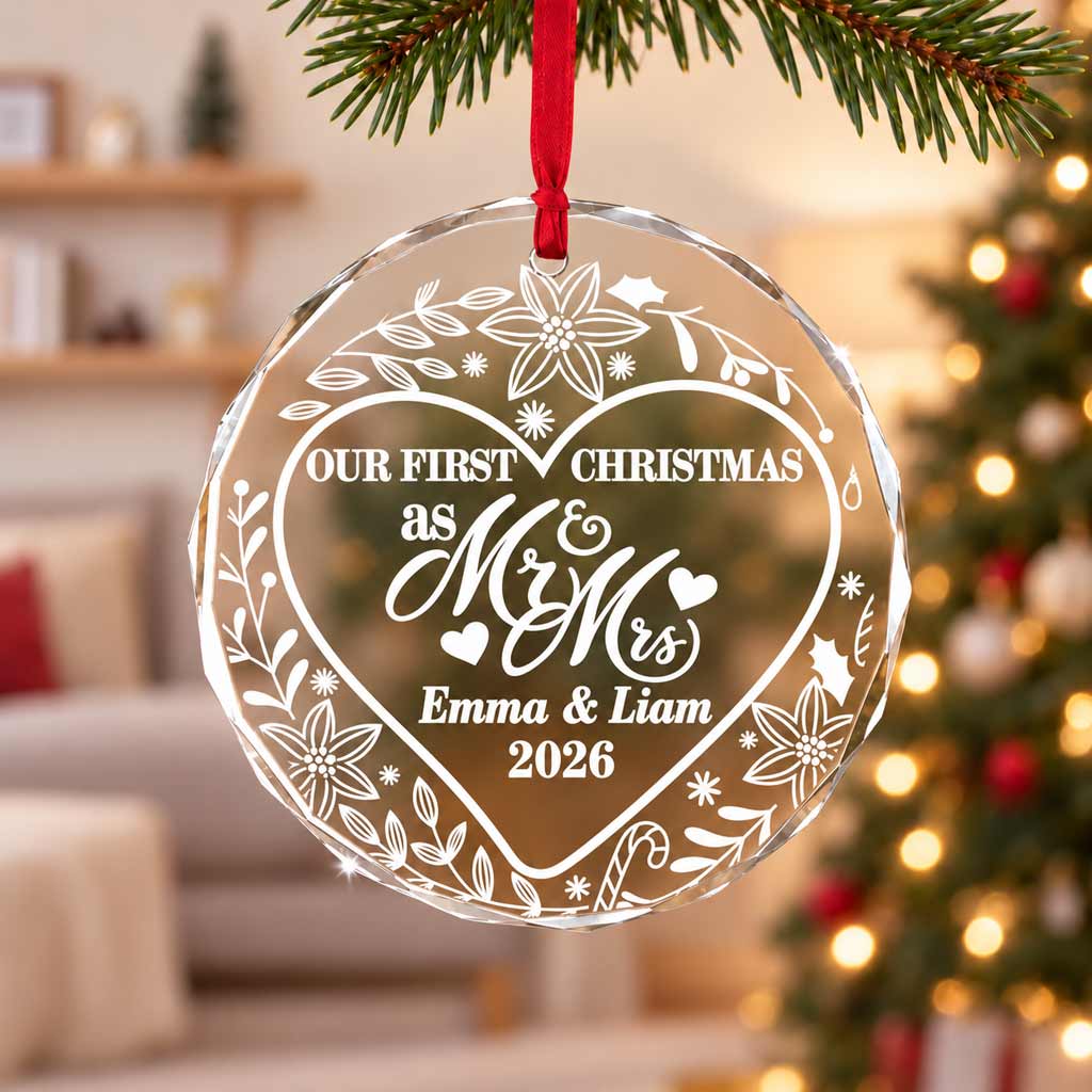 Our First Christmas as Mr & Mrs Floral Heart Custom Wedding Couple Newlywed Gift Round Glass  Ornament