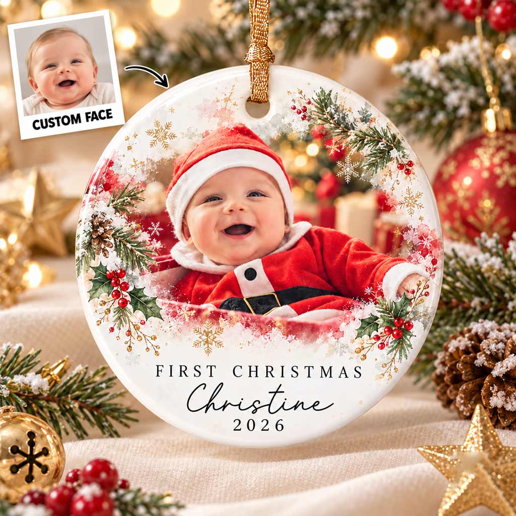 Baby's First Christmas Santa Custom Uniique Newborn Keepsake Round Ceramic Ornament