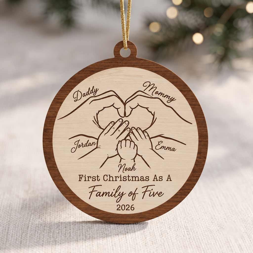 First Christmas As A Family of Three Four Five Custom Names 2026 Family Keepsake Wooden Christmas Ornament