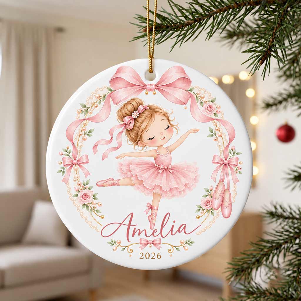 Pink Ballerina Floral Bow Custom Name Year Ballet Dancer Girl Round Ceramic Ornament