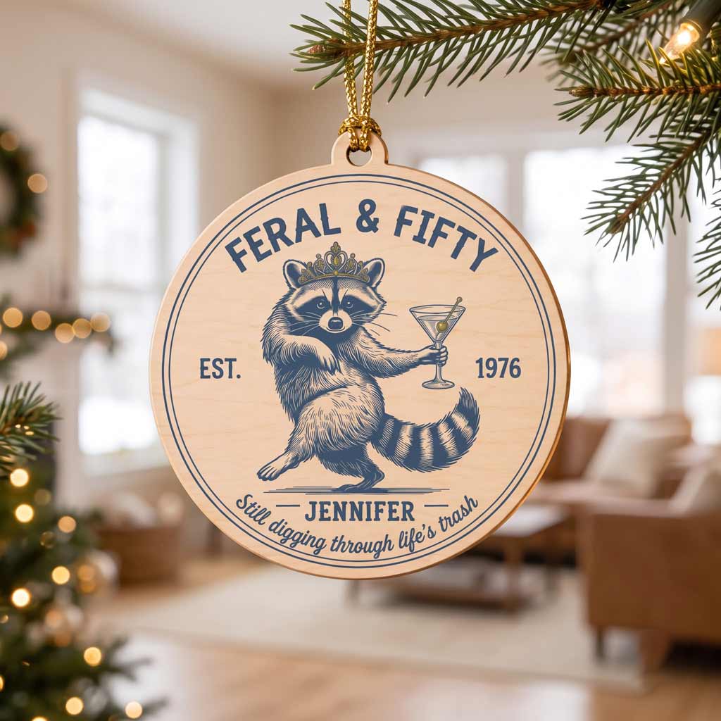Feral & Fifty Funny Raccoon 50th Birthday Custom Name Milestone Birthday Gift Wooden Ornament