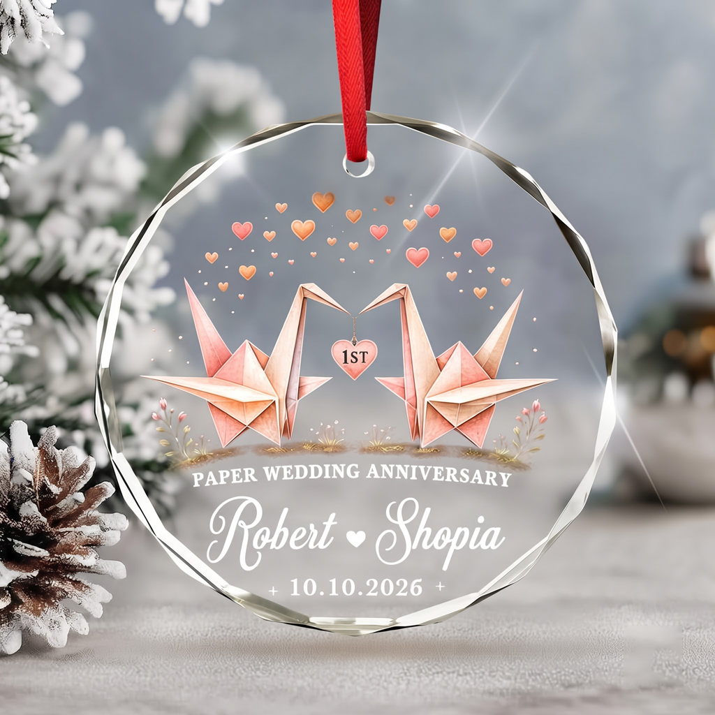 Paper Wedding Anniversary Custom Names Date First Wedding Keepsake Couple Round Glass Christmas Ornament