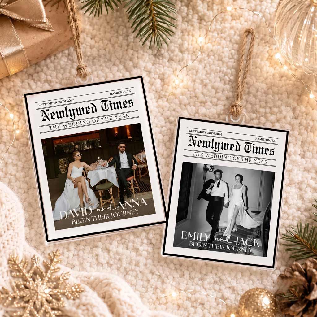 Newlywed Times Wedding of the Year Custom Photo Name Date Wedding Keepsake Acrylic Christmas Ornament