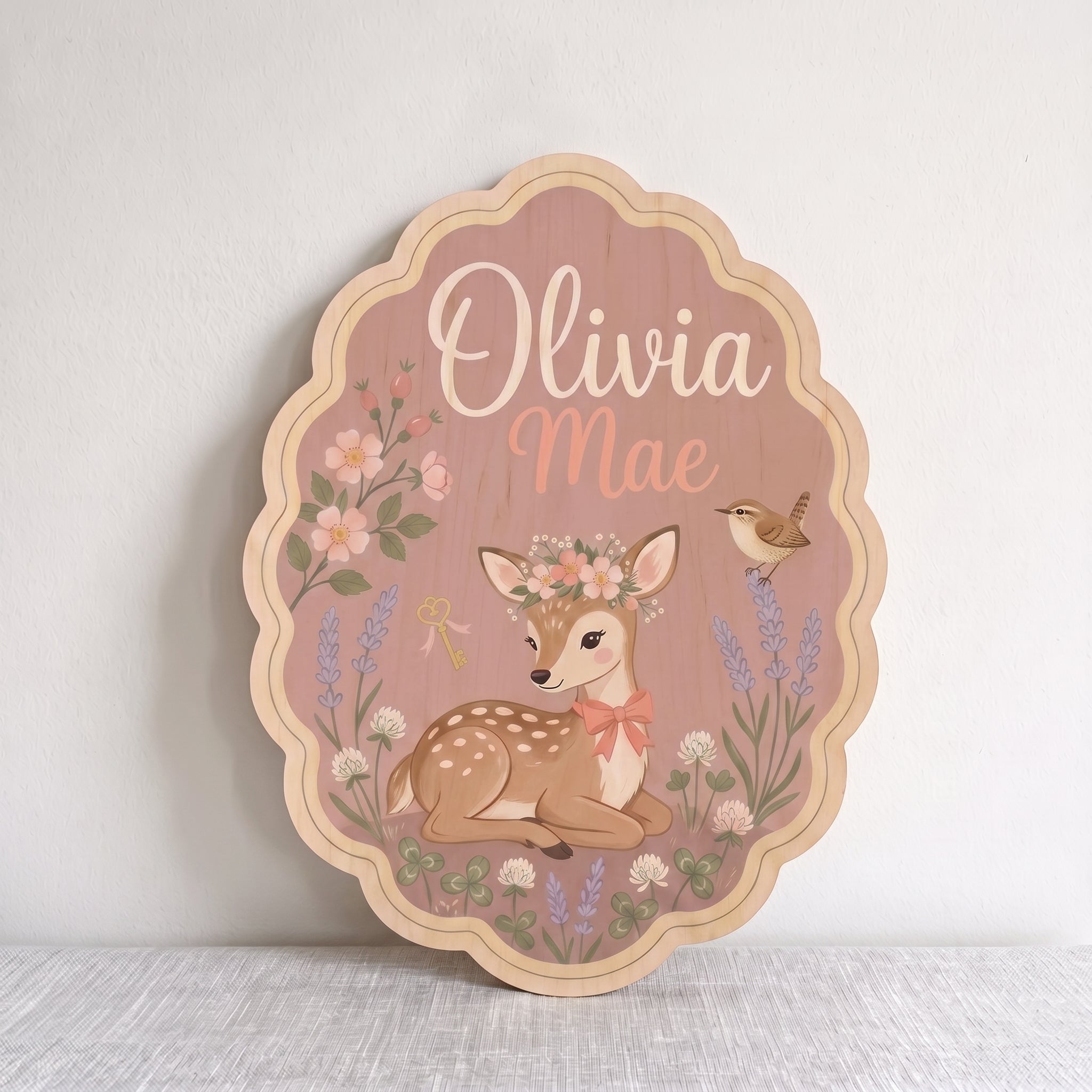 Personalized Cute Floral Deer Name Wooden Sign