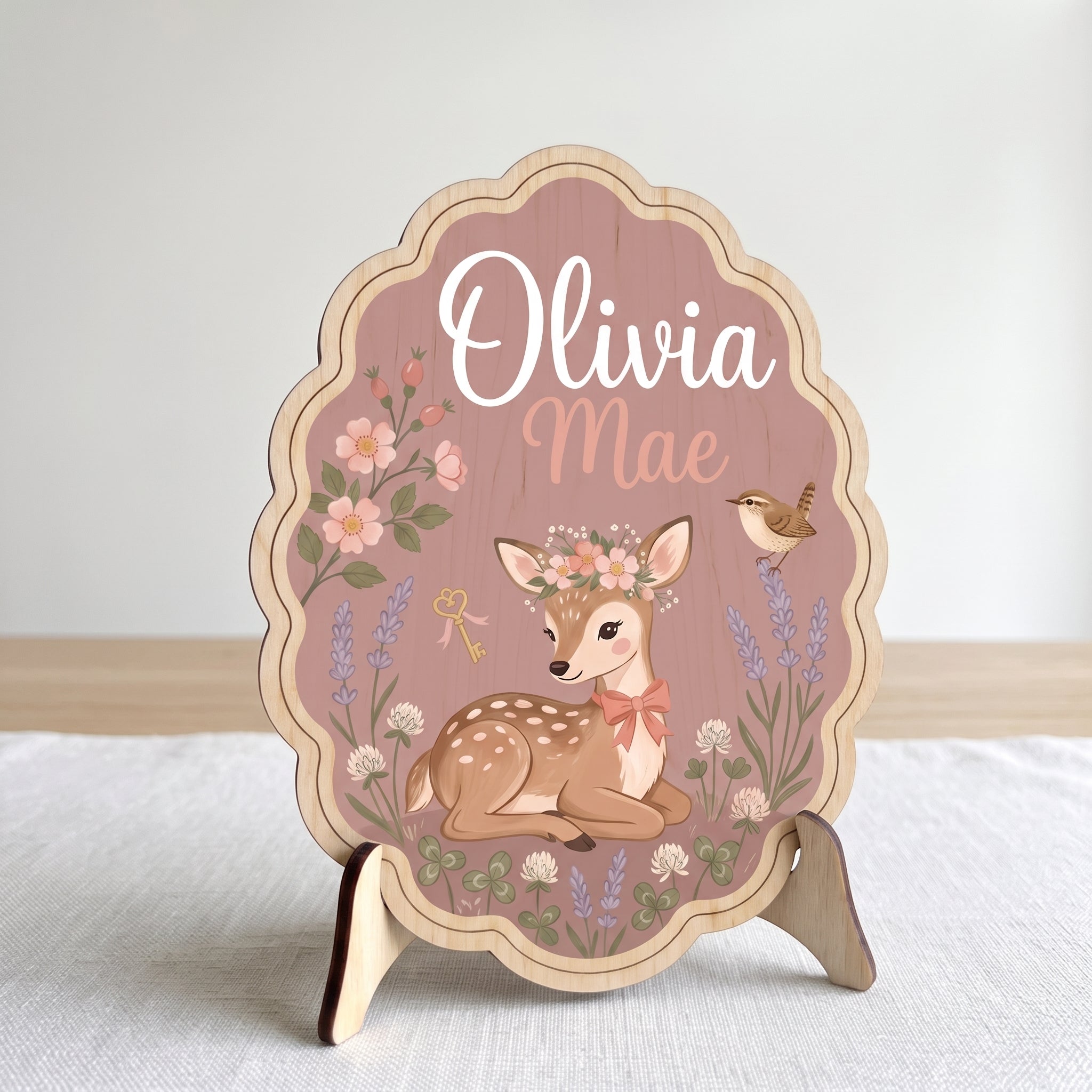 Personalized Cute Floral Deer Name Wooden Sign