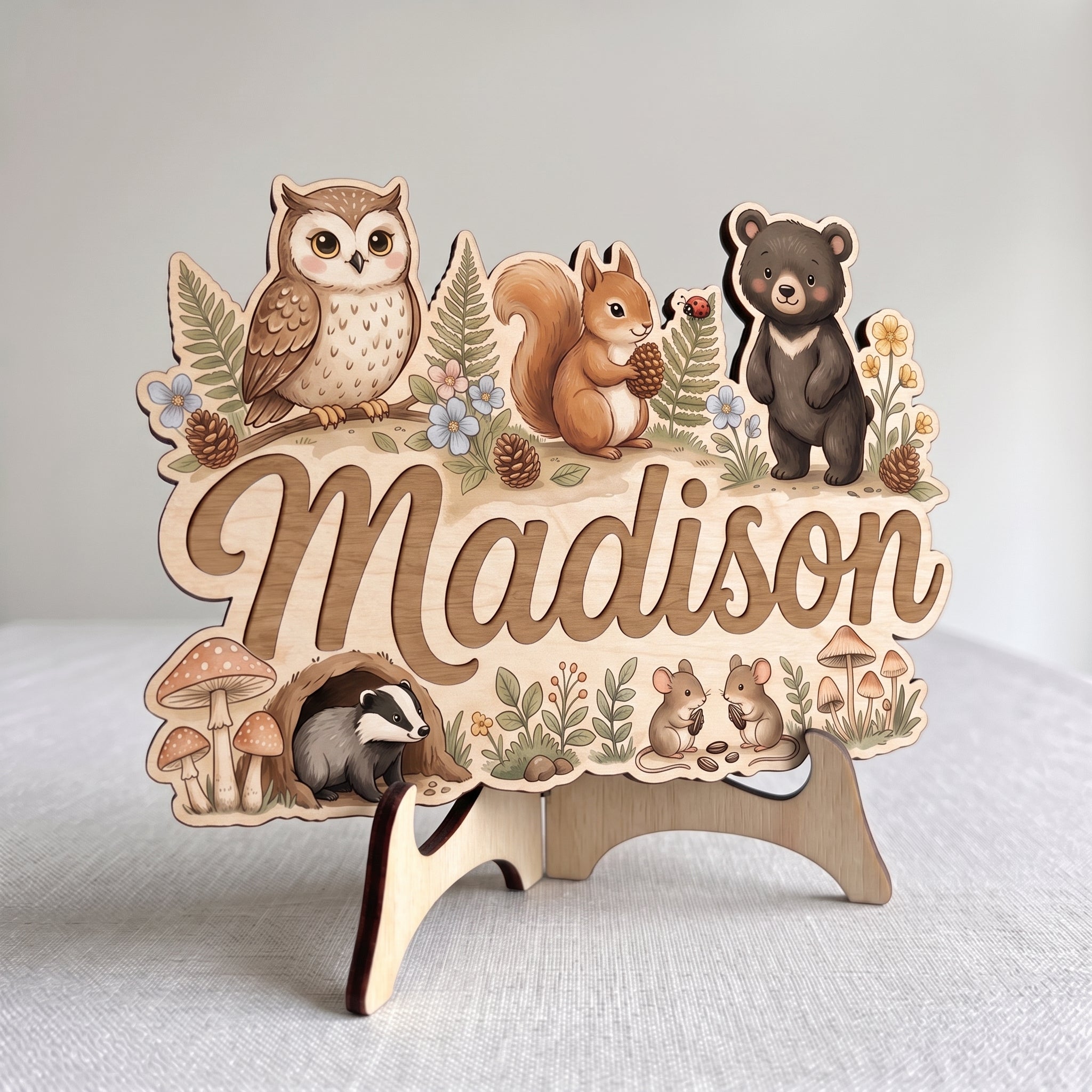 Personalized Woodland Owl Bear Squirrel Nursery Wooden Sign