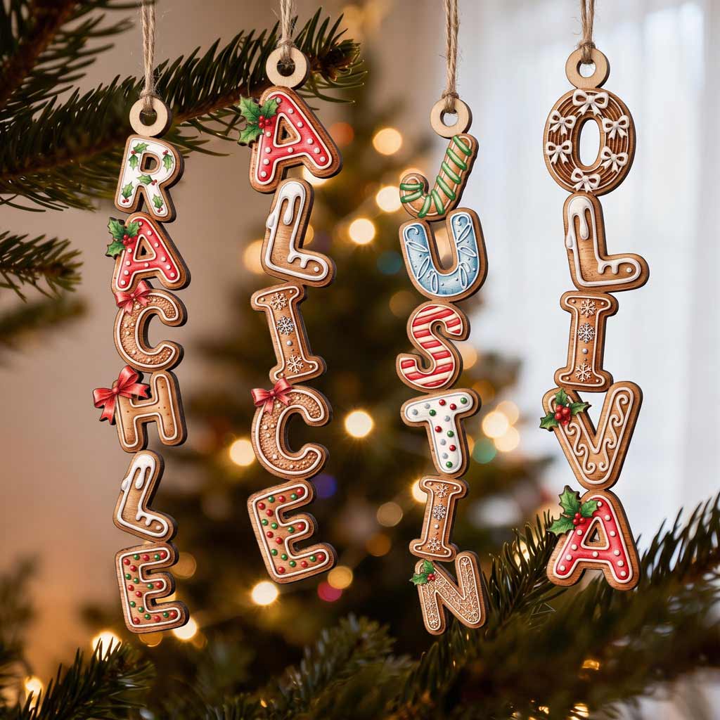 Gingerbread Christmas Alphabet Custom Name Initial Family Holiday Gift Wooden Christmas Ornament