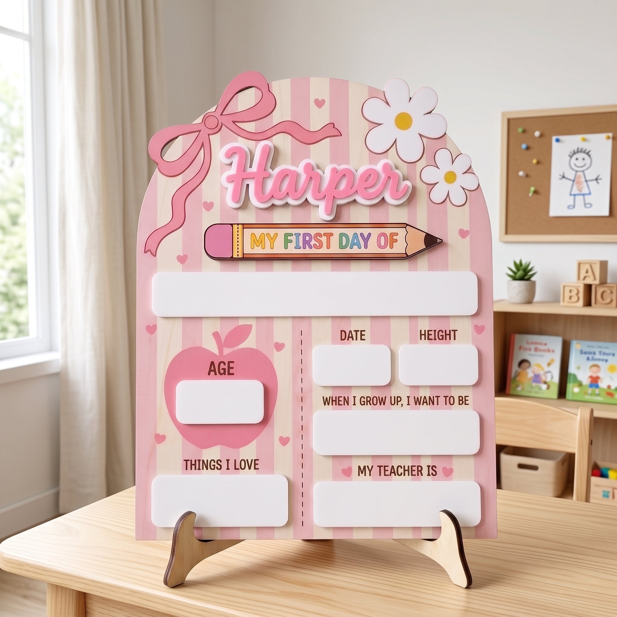 Personalized Pink Pencil First Day School Board, Reusable Dry Erase Board, Back to School Sign
