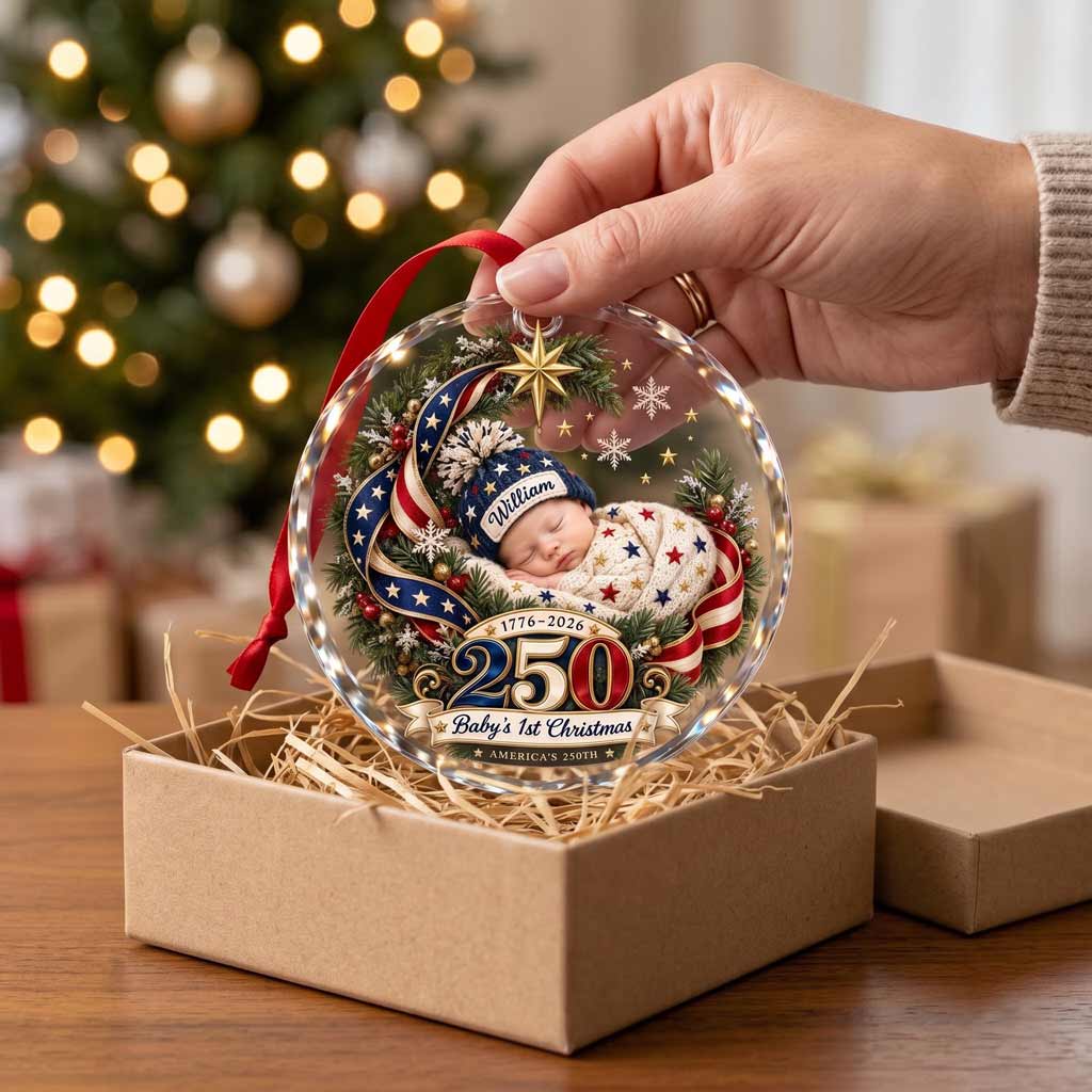 Baby's First Christmas America's 250th Year 1776-2026 Custom Name Newborn Patriotic Round Glass Christmas Ornament