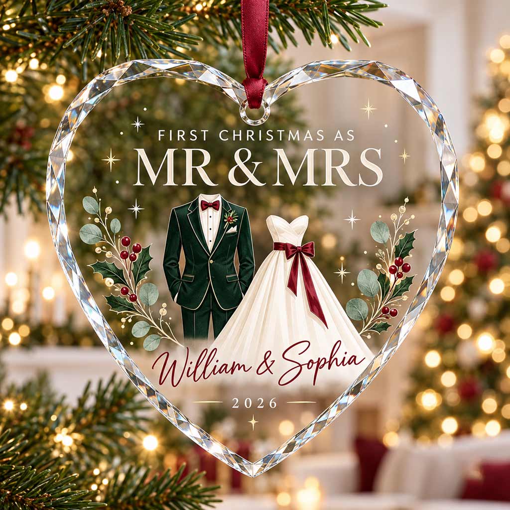 First Christmas As Mr & Mrs Wedding Suit And Dress Custom Name & Date Couple Newlywed Gift Heart Glass Ornament