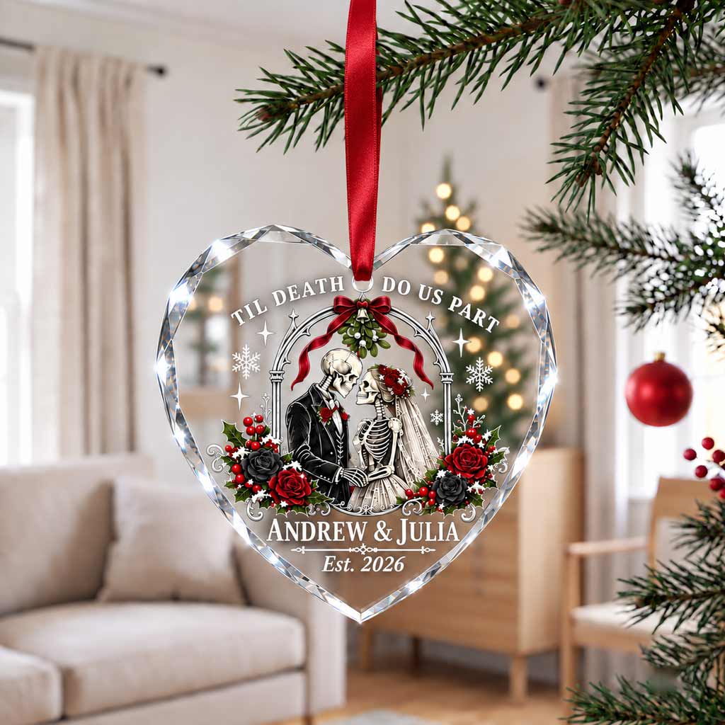Til Death Do Us Part Skeleton Bride Groom Custom Gothic Wedding Couple Heart Glass Ornament