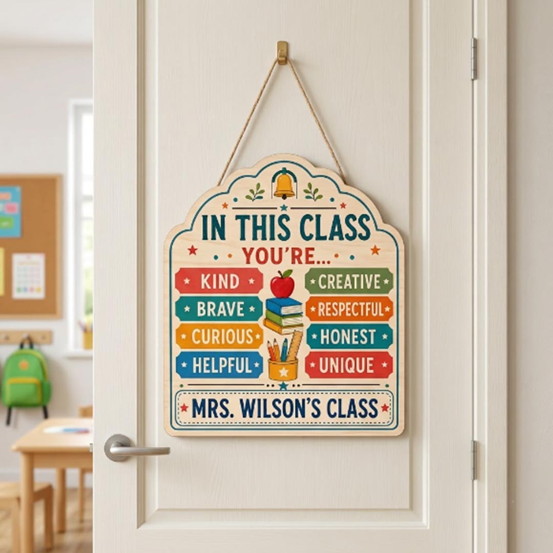 Personalized Teacher Name Wooden Sign Door Hanger Classroom Golden Rule Wooden Classroom Decor, Back to School Sign