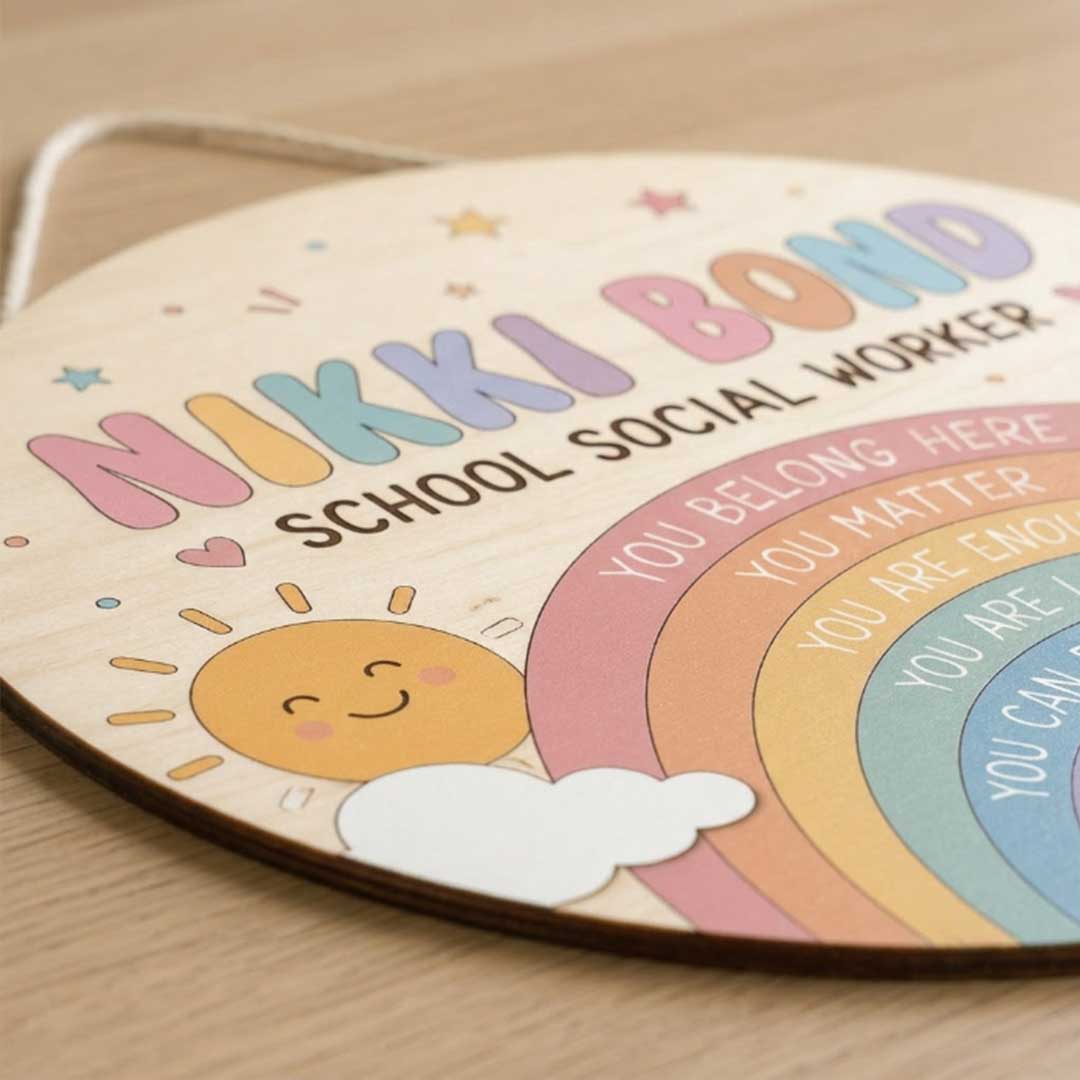 Personalized Teacher Name Wooden Sign Door Hanger School Social Worker Wooden Classroom Decor, Back to School Sign