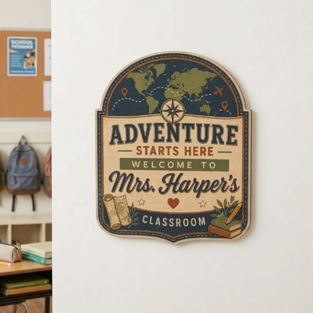 Personalized Teacher Name Wooden Sign Door Hanger Adventure Stars Here Classroom Sign Wooden Classroom Decor, Back to School Sign
