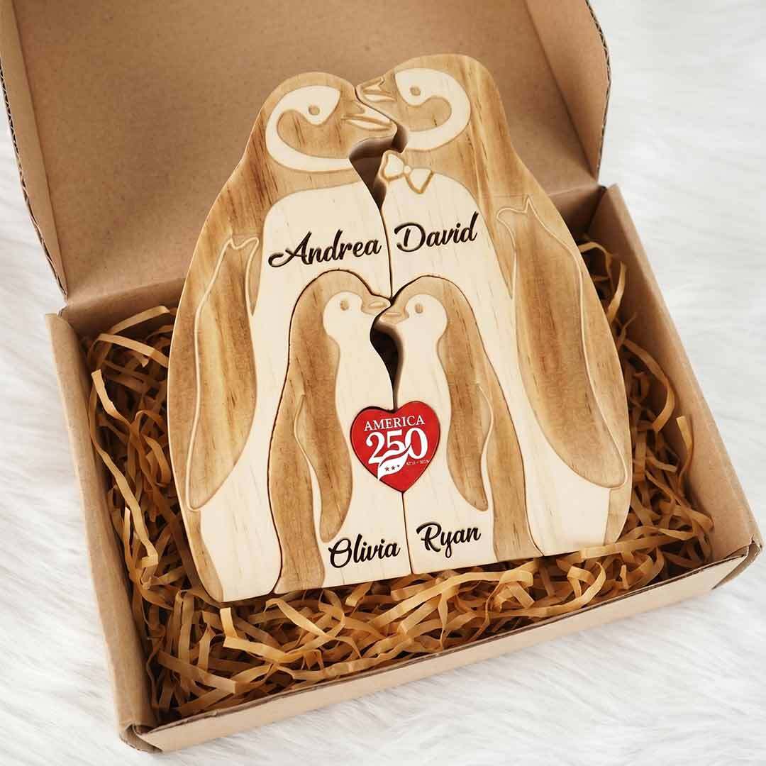 Personalized A250 Penguin 2,3,4,5 Pieces Family Edition Custom Wooden Puzzle