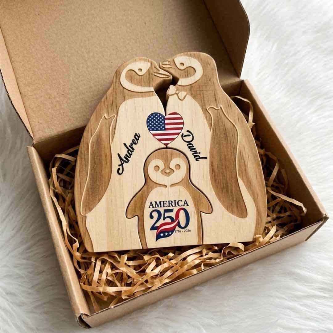 Personalized A250 Penguin 2,3,4,5 Pieces Family Edition Custom Wooden Puzzle