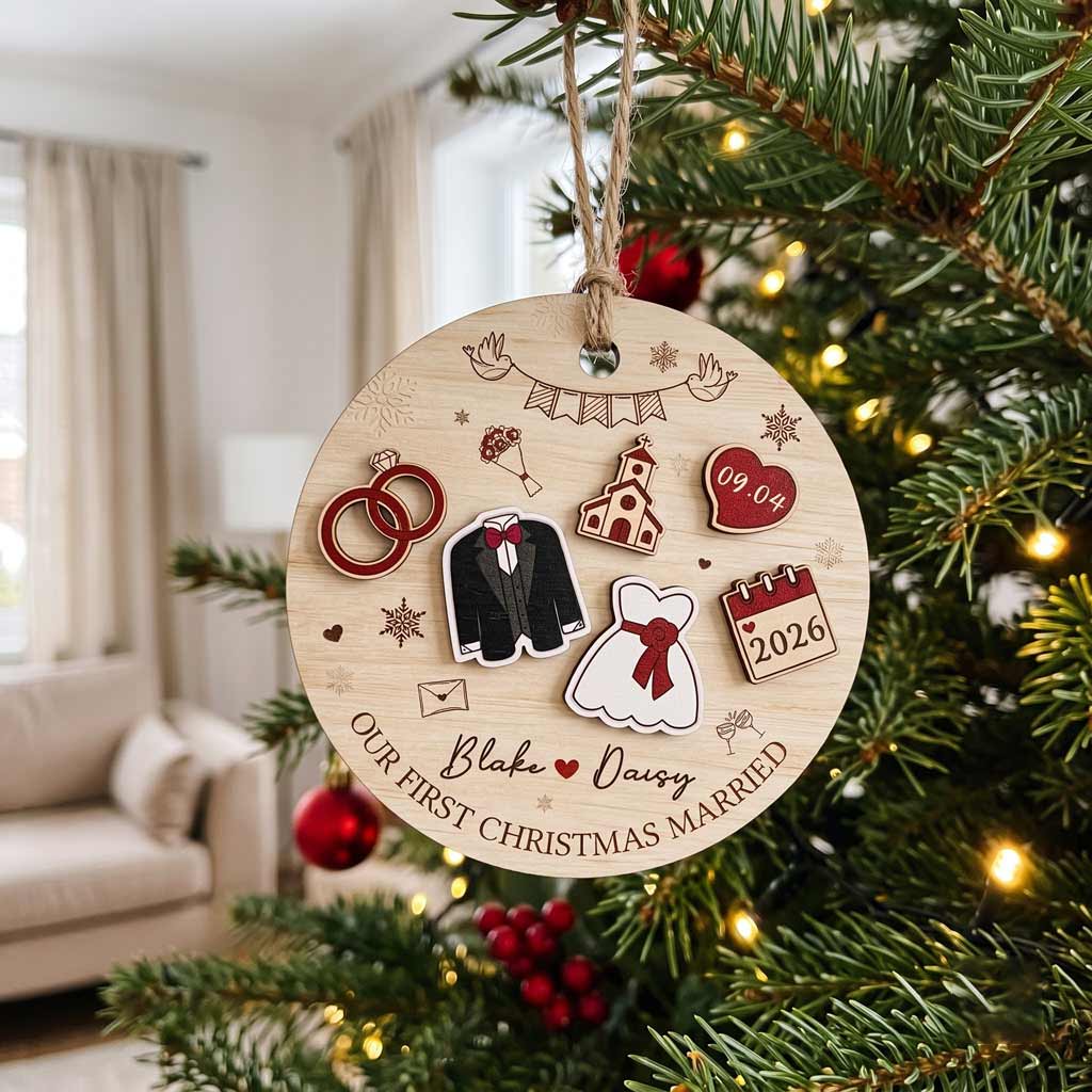 Our First Christmas Married 2026 Wedding Icons Custom Name & Date Wedding Newlywed Couple Gift Wooden Christmas Ornament