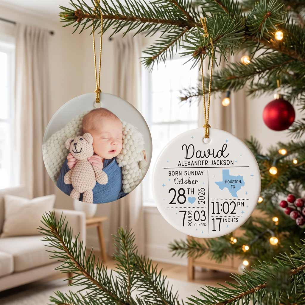 Baby Birth Stats Custom Birth Details Newborn 1st Baby Keepsake Round Ceramic Christmas Ornament