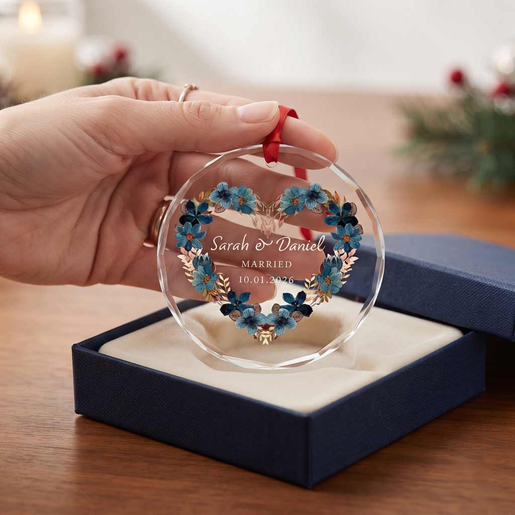 Floral Wedding Wreath Custom Couple Name Date Married Gift Round Glass Christmas Ornament