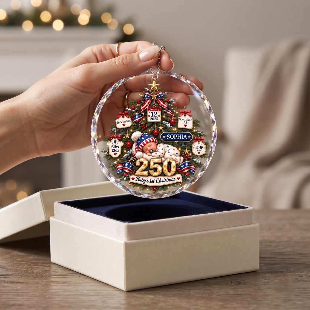 Baby's First Christmas America's 250th Year Custom Name Birth Date Weight Time Newborn Round Glass Ornament