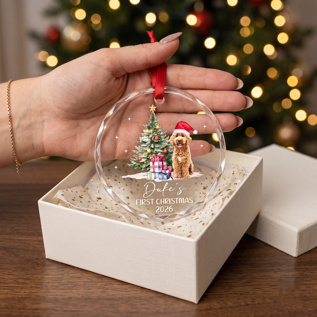 First Christmas for Dog Mom Custom Pet Name Round Glass Christmas Ornament