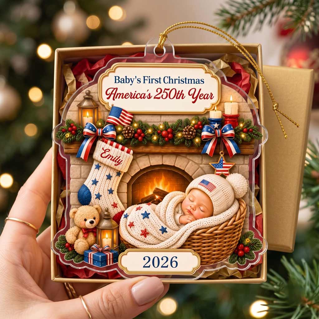 Baby's First Christmas America's 250th Year Custom Name 2026 Newborn Acrylic Patriotic Christmas Ornament