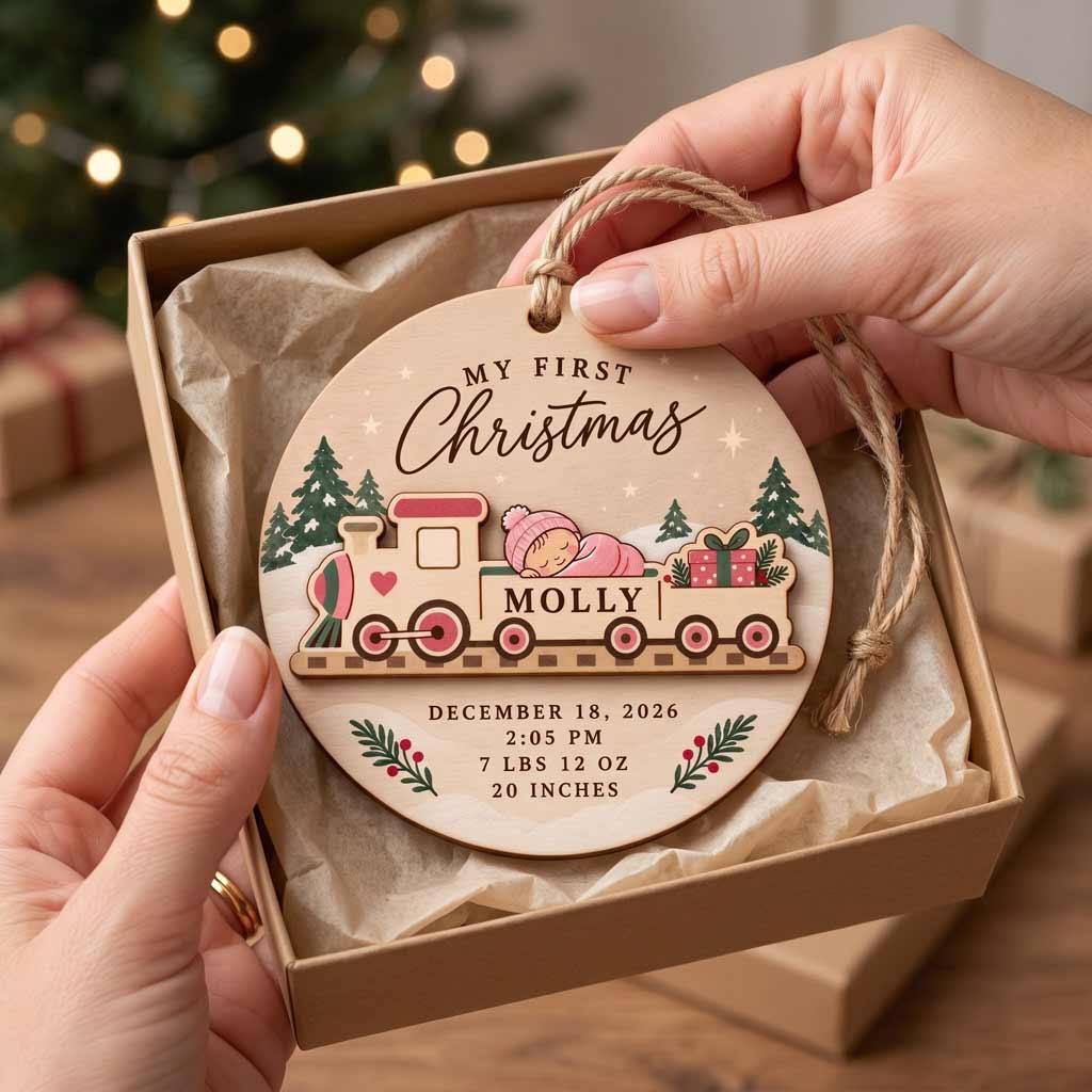 My First Christmas Baby Train Custom Birth Details Newborn Baby Gift Wooden Christmas Ornament