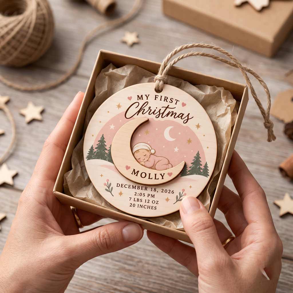 My First Christmas Moon Baby Custom Name Birth Details Newborn Baby Gift Wooden Christmas Ornament