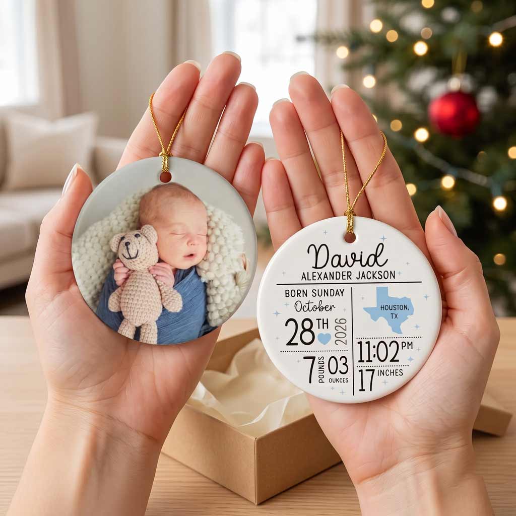 Baby Birth Stats Custom Birth Details Newborn 1st Baby Keepsake Round Ceramic Christmas Ornament