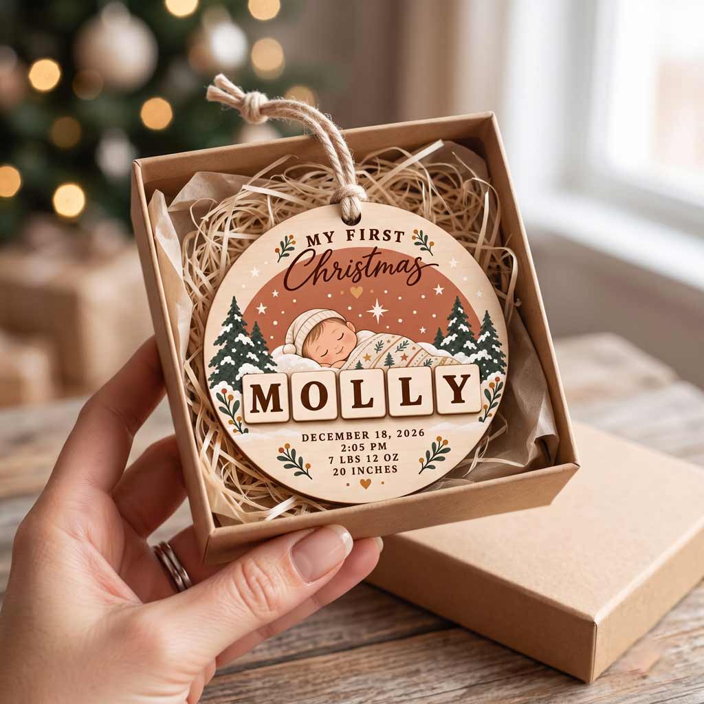 My First Christmas Baby Birth Stats Custom Name Date Newborn Baby Keepsake Wooden Christmas Ornament