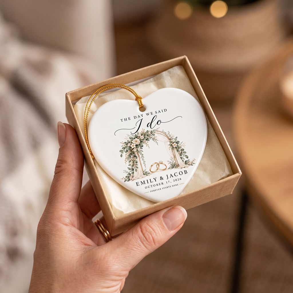 The Day We Said I Do Wedding Arch Custom Name Date Wedding Couple Keepsake Heart Ceramic Ornament