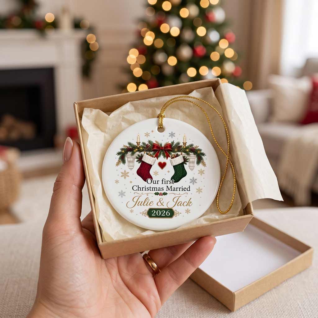 Our First Christmas Married Stockings Custom Name Date Couple Wedding Newlywed Gift Round Ceramic Ornament