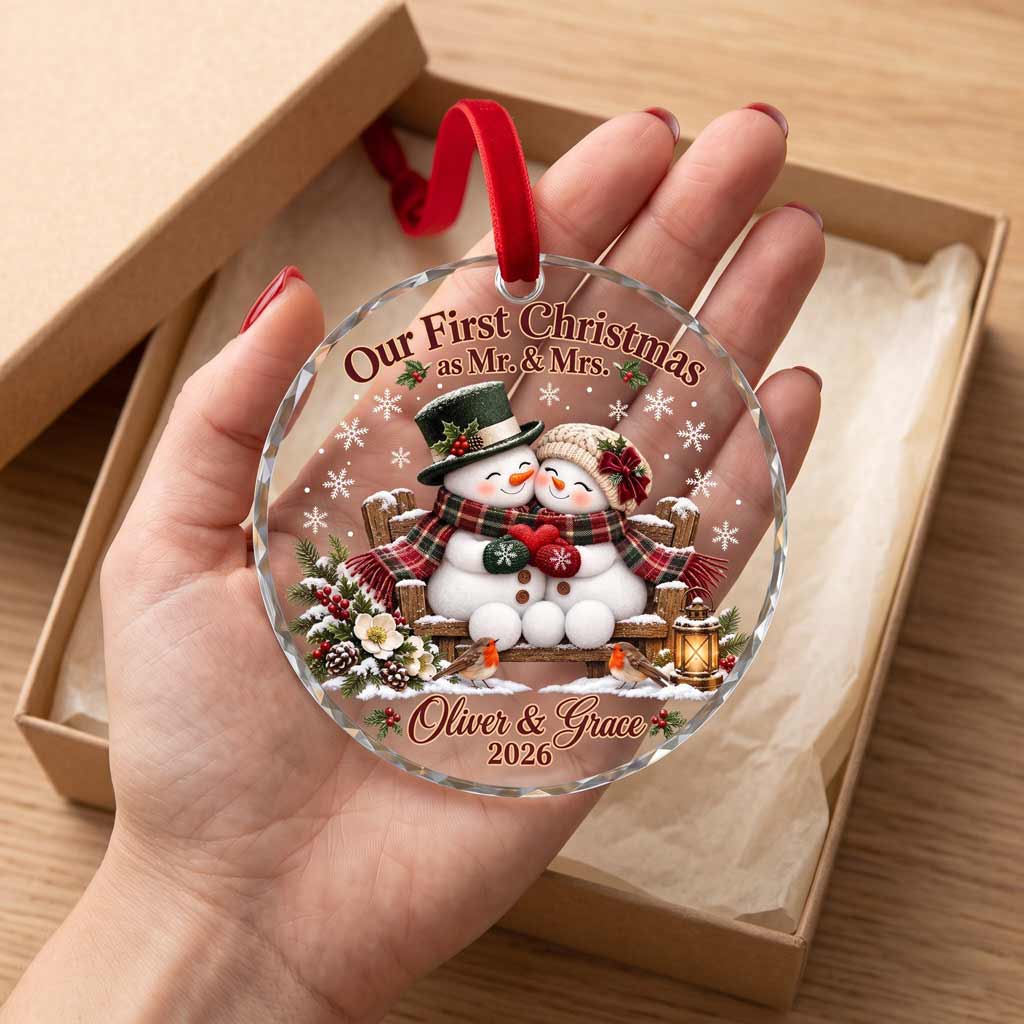 Our First Christmas as Mr & Mrs Snowman Couple Custom Name Date Wedding Newlywed Gift Round Glass Christmas Ornament