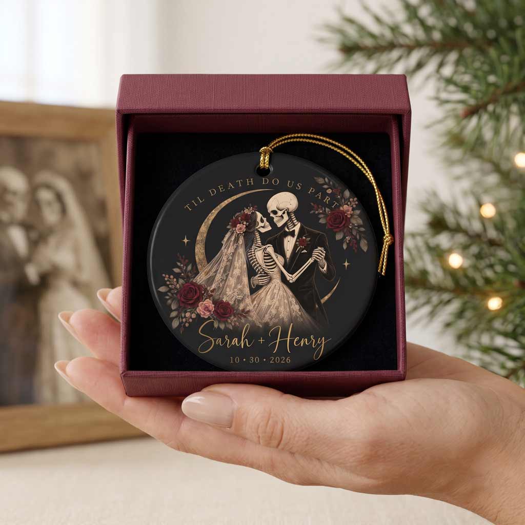 Til Death Do Us Part Skeleton Bride Groom Custom Name Date Gothic Wedding Couple Round Ceramic Ornament