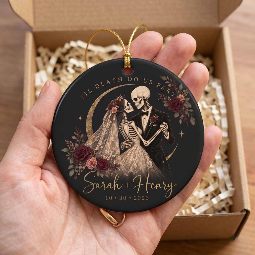 Til Death Do Us Part Skeleton Bride Groom Custom Name Date Gothic Wedding Couple Round Ceramic Ornament