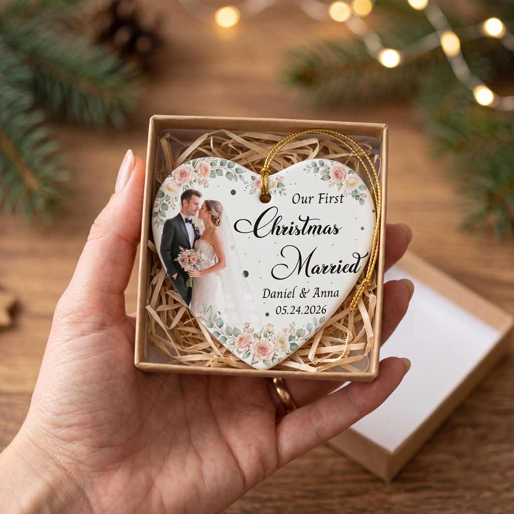 Our First Christmas Married Floral Custom Photo Name Date Couple Wedding Keepsake Heart Ceramic Ornament