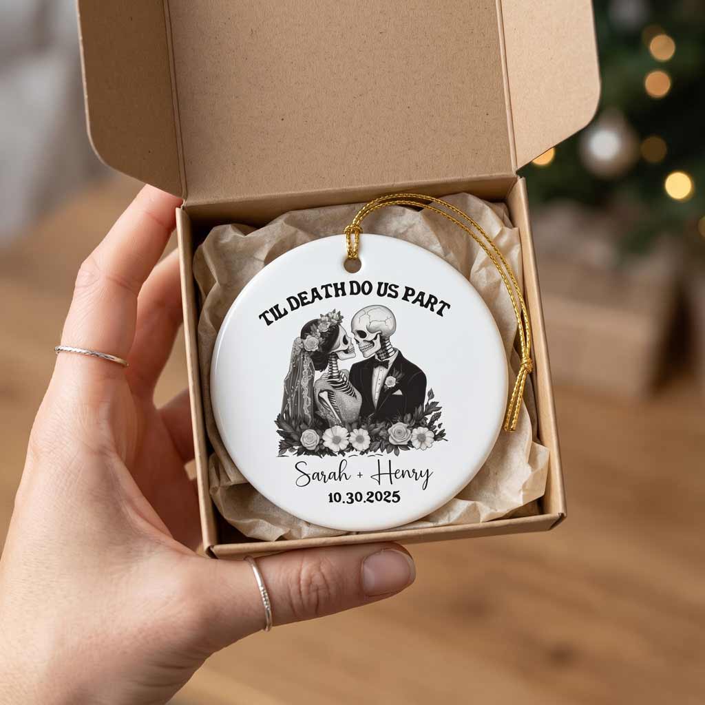 Til Death Do Us Part Skeleton Wedding Custom Name Date Gothic Couple Round Ceramic Ornament