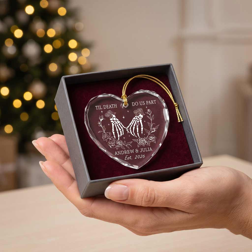 Til Death Do Us Part Skeleton Hands Roses Custom Name Date Gothic Couple Wedding Gift Heart Glass Ornament