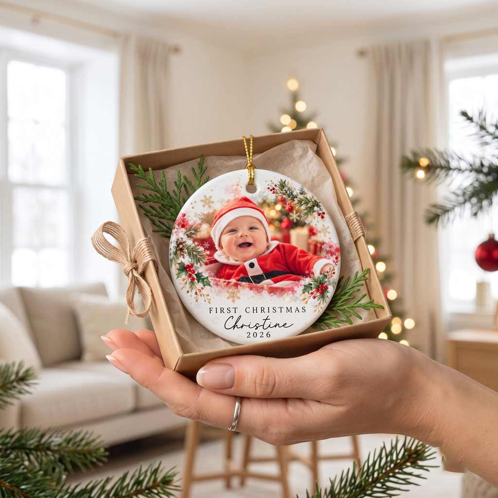 Baby's First Christmas Santa Custom Uniique Newborn Keepsake Round Ceramic Ornament