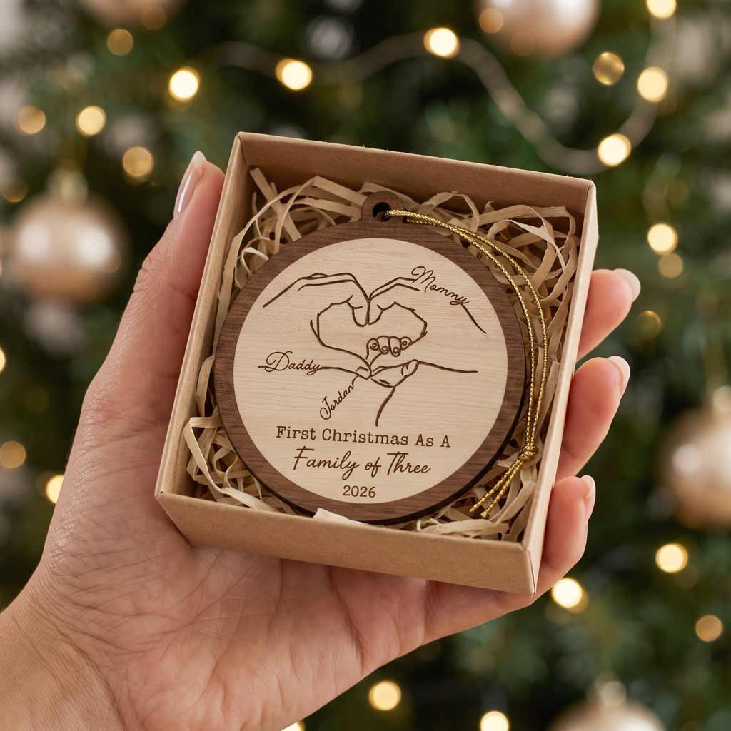 First Christmas As A Family of Three Four Five Custom Names 2026 Family Keepsake Wooden Christmas Ornament