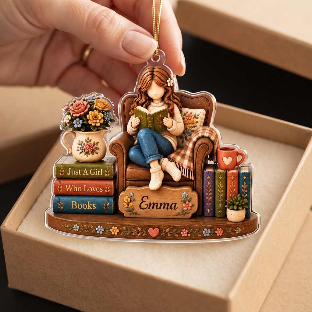 Cozy Reading Girl With Books Custom Name Bookworm Gift for Her Christmas Acrylic Ornament