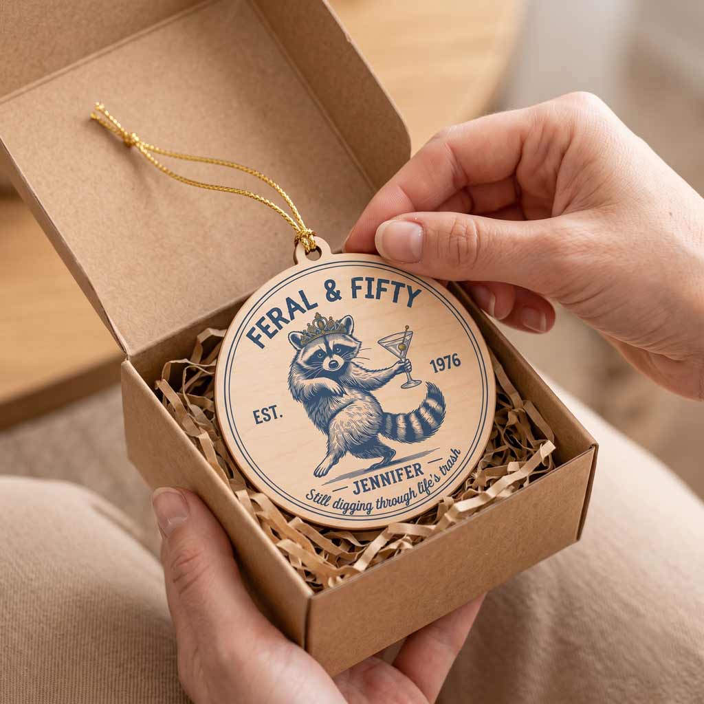 Feral & Fifty Funny Raccoon 50th Birthday Custom Name Milestone Birthday Gift Wooden Ornament
