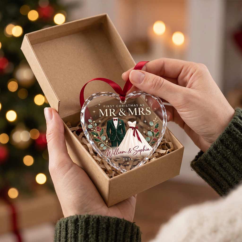 First Christmas As Mr & Mrs Wedding Suit And Dress Custom Name & Date Couple Newlywed Gift Heart Glass Ornament